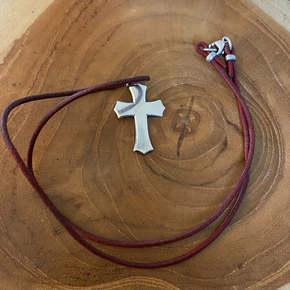 RETIRED James Avery Beveled Cross Red Leather Necklace